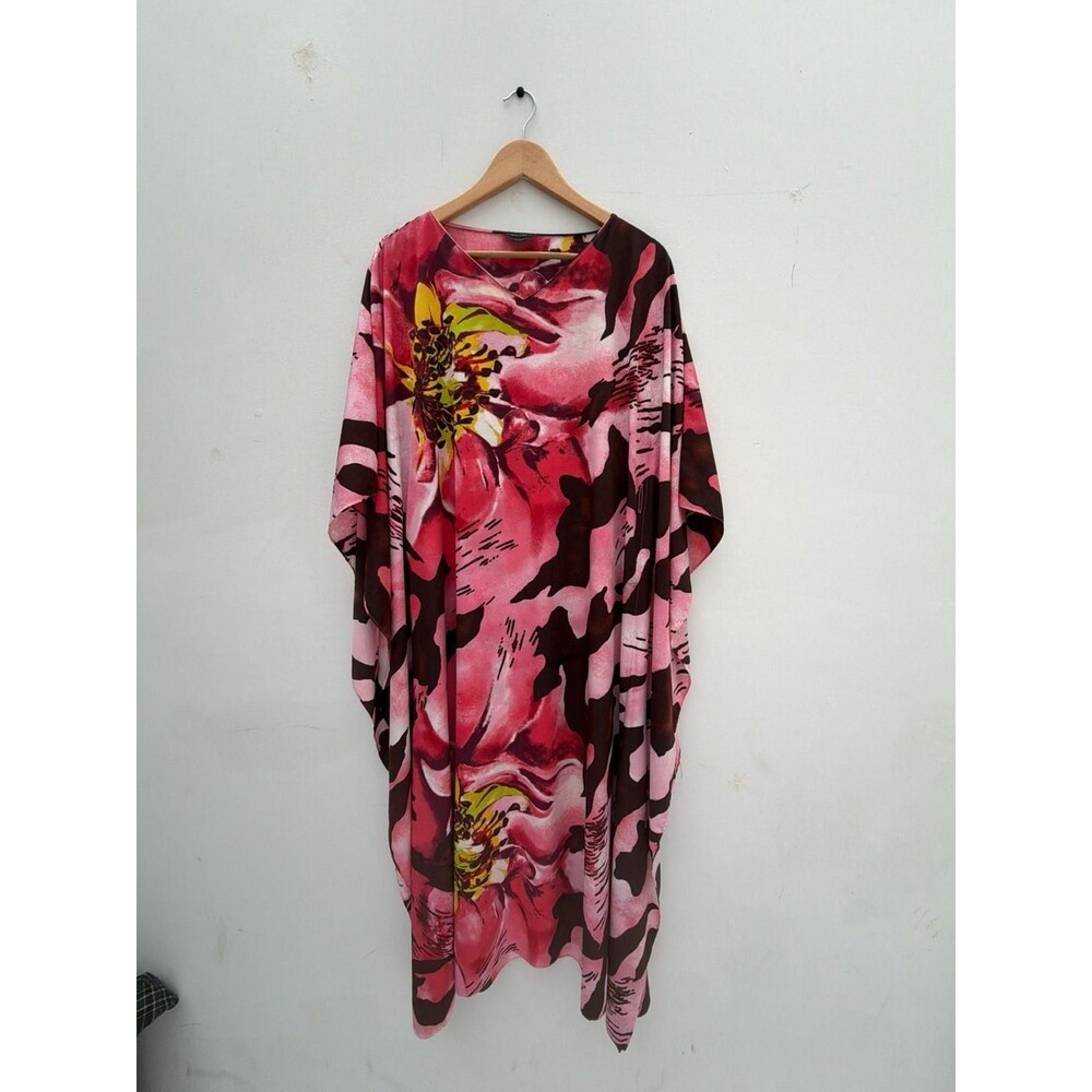 Natori Pink Floral Print Polyester V-Neck Kaftan Dress